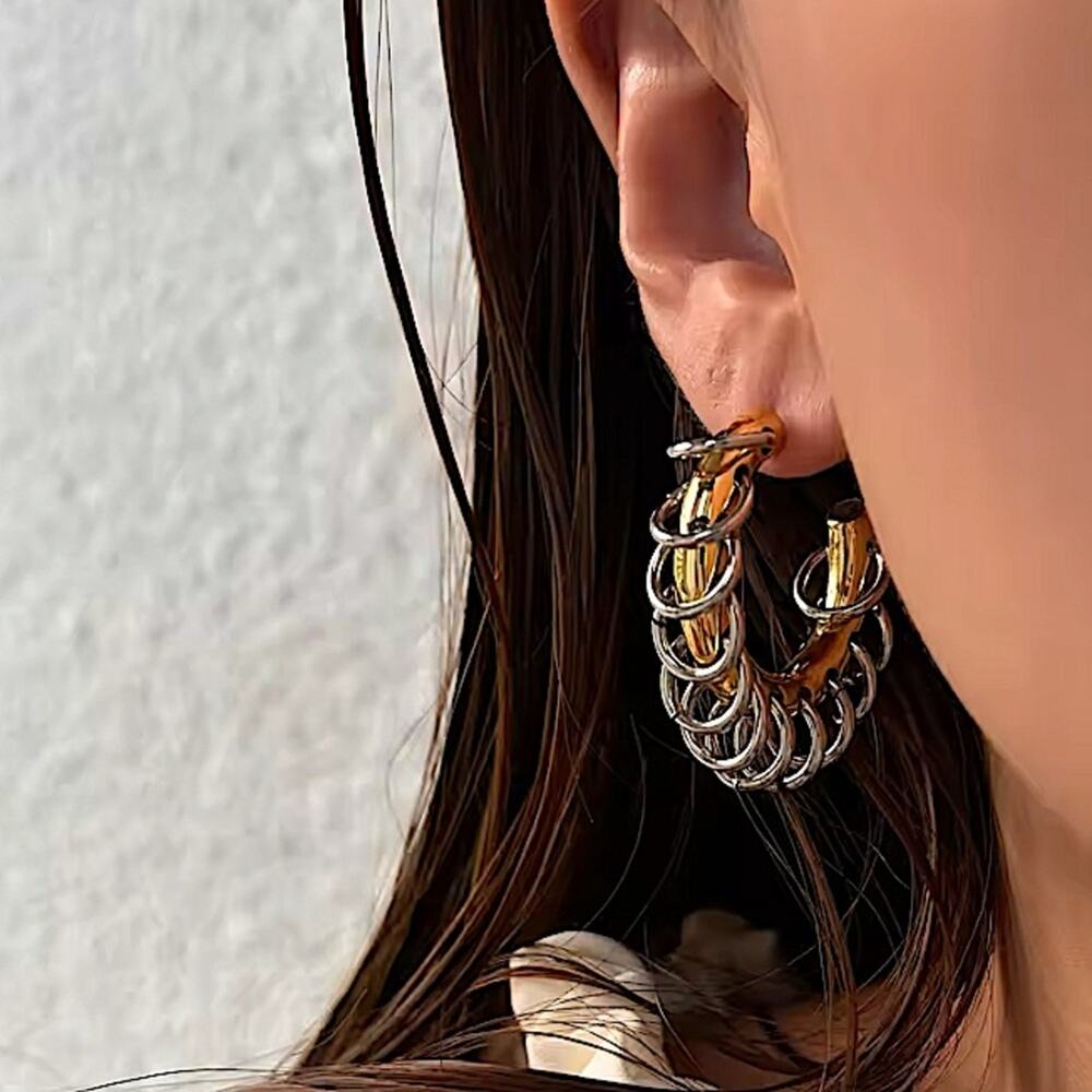 Gold Chain Hoop Punk Earrings Two Tone Retro Y2K - Picture 1 of 6